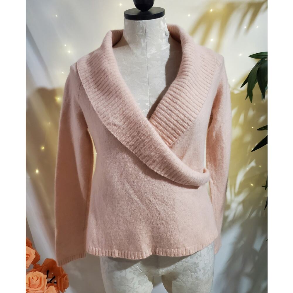 Ann Taylor LOFT Wool Angora Cashmere Ribbed Shawl Faux Wrap Sweater Size M Pink